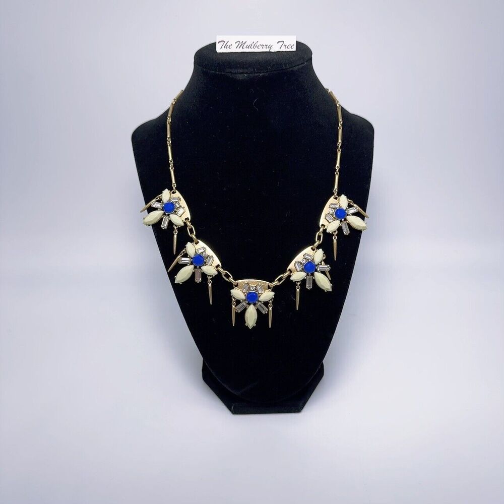 J.Crew Statement Rhinestone Necklace NWT GR7135 Blue Clear Gold Base